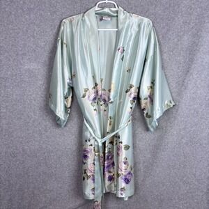 Vintage California Dynasty Kimono Robe Womens Sz Small Green Floral Lightweight